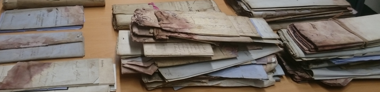View of Knight Archive papers on a table, in their original state in 2017