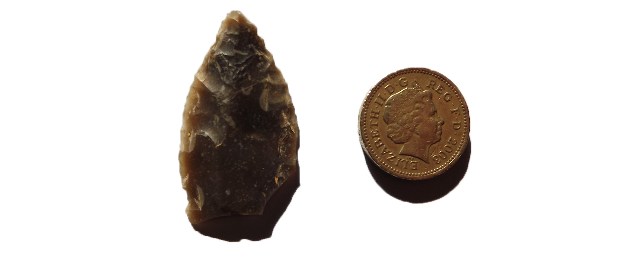 Arrowhead, with one pound coin as scale